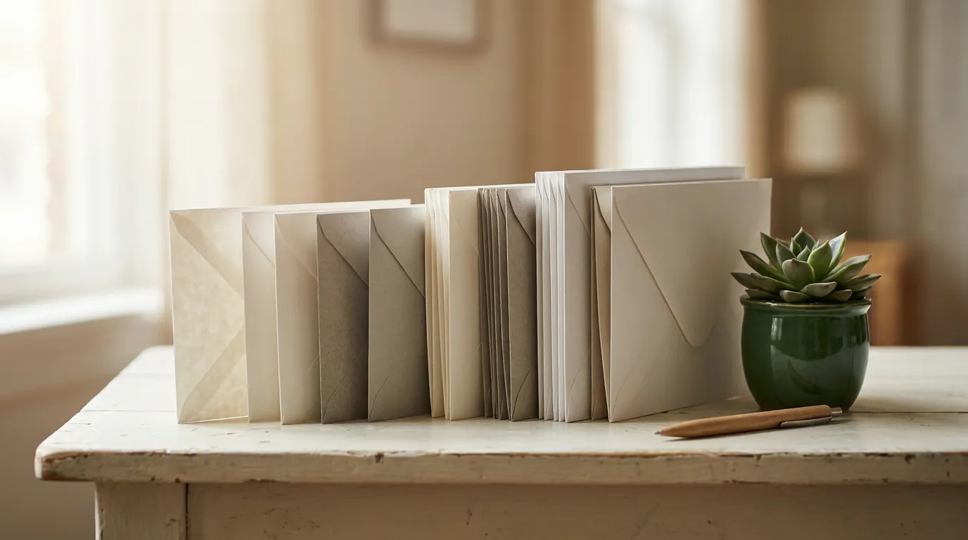 Paper envelopes of different thickness lined up on a light table with a pen and a small plant
