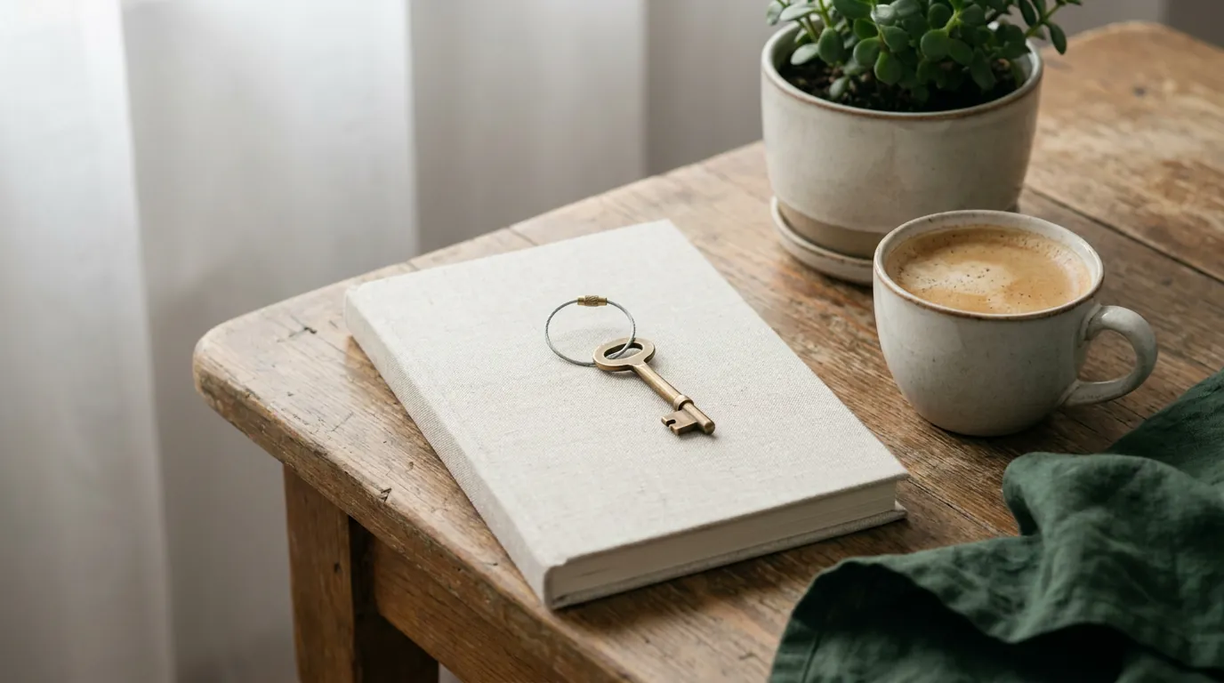A key on a simple ring resting on a closed notebook next to a cup of coffee