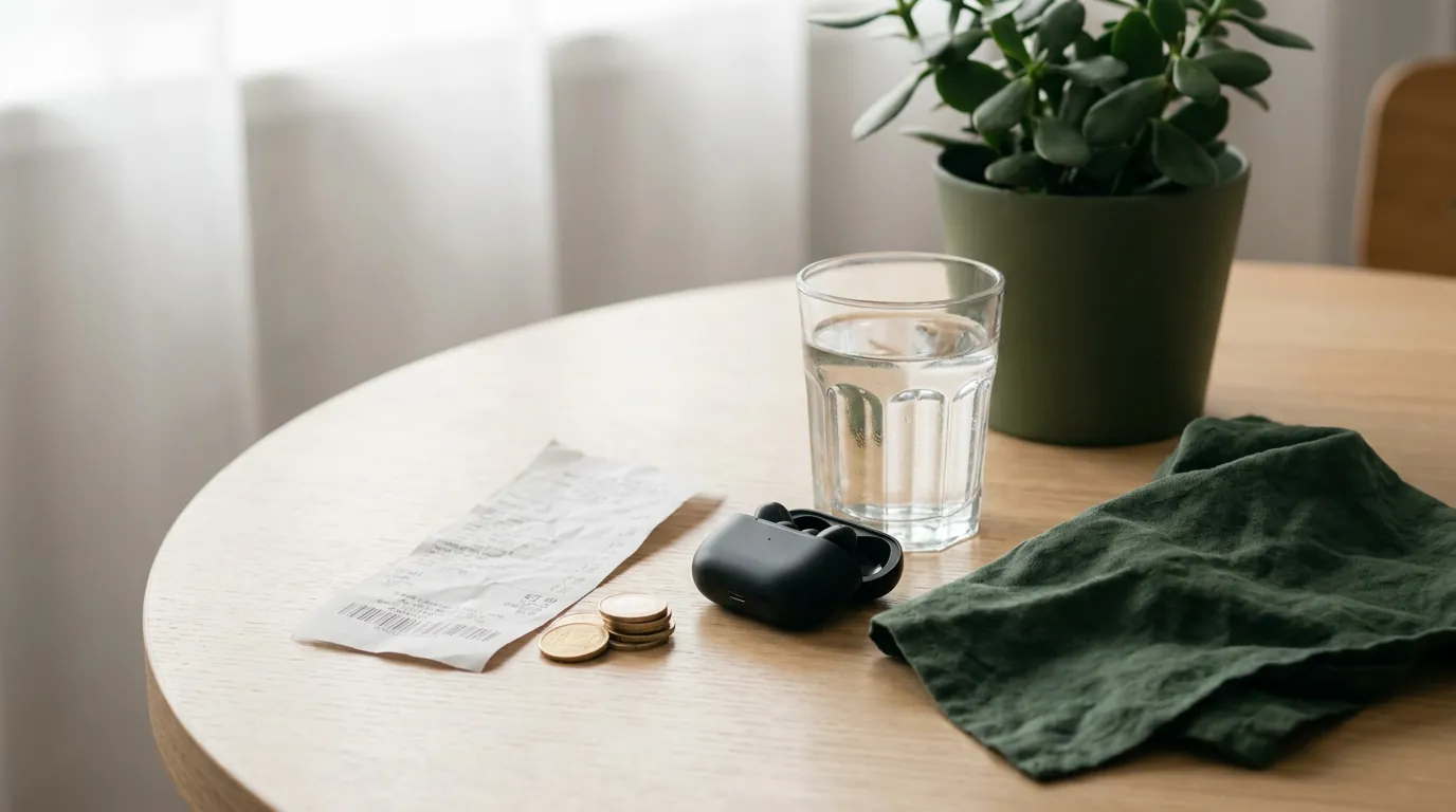 A receipt, coins and a glass of water on a round table