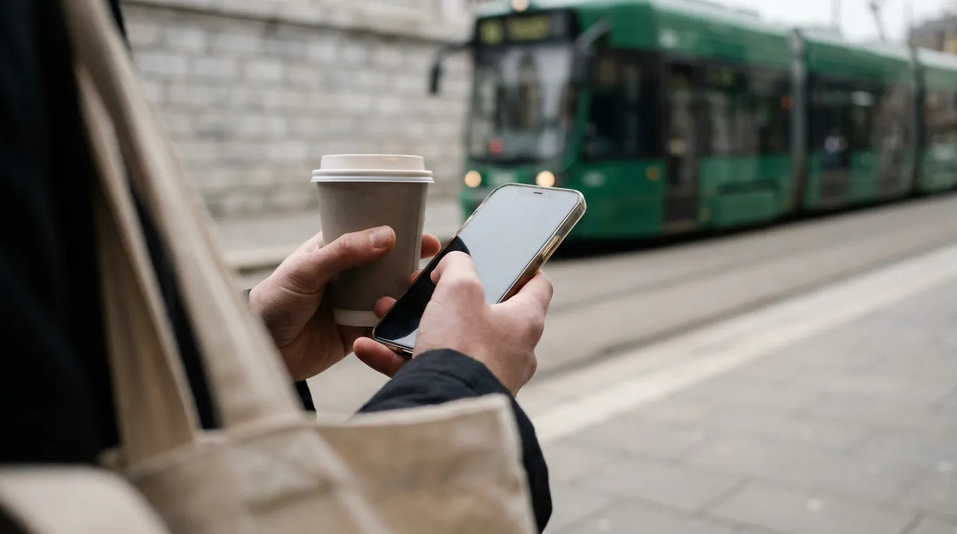 Coffee in one hand, phone in the other, at a tram stop