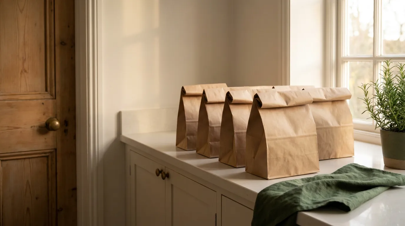 Several small paper delivery bags on a light kitchen counter by the door