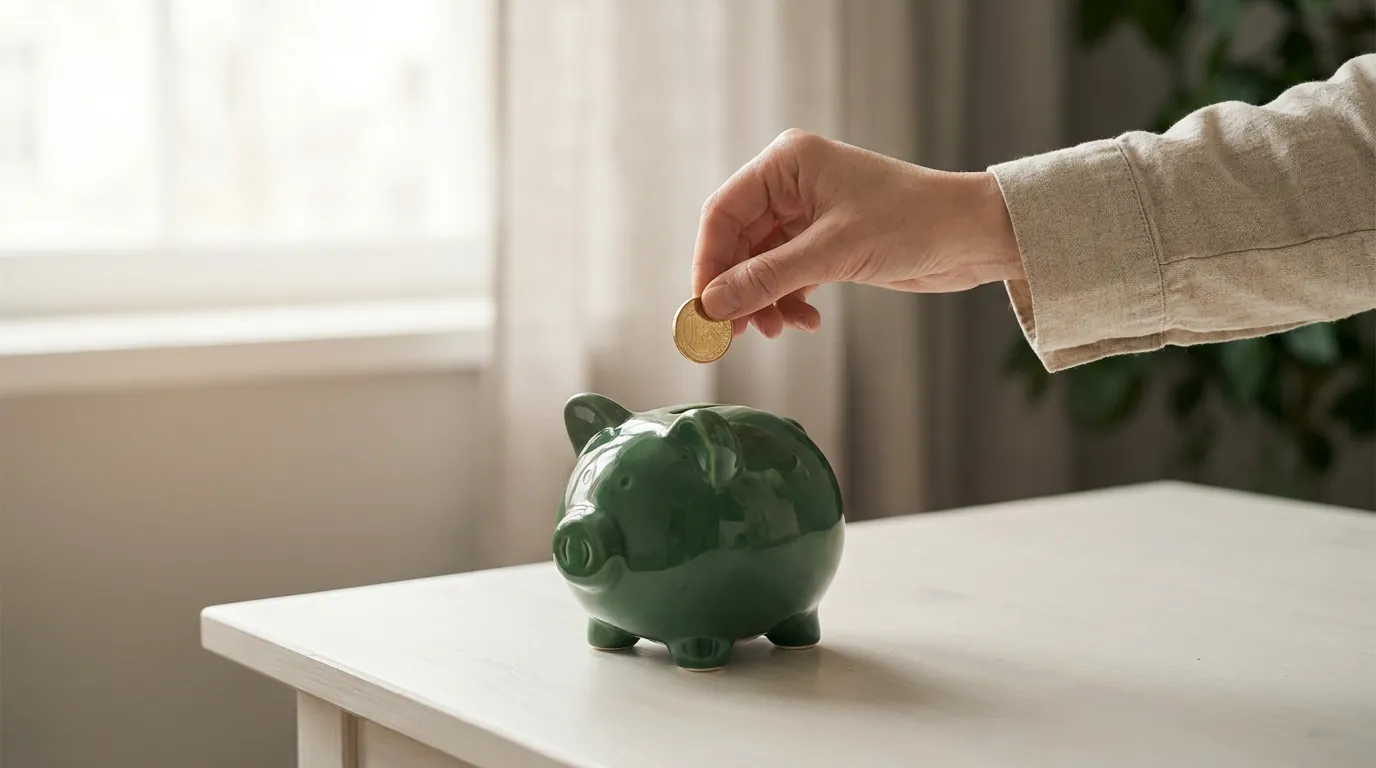 A hand holding a single coin above a green ceramic piggy bank on a light desk