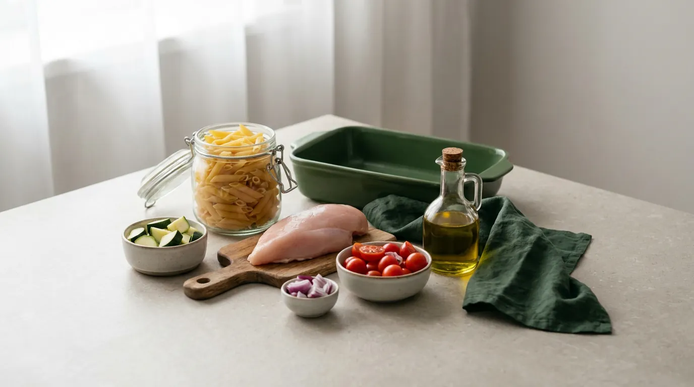 Сырые продукты для одного рецепта на светлом столе: сухие макароны, курица, овощи и бутылка масла