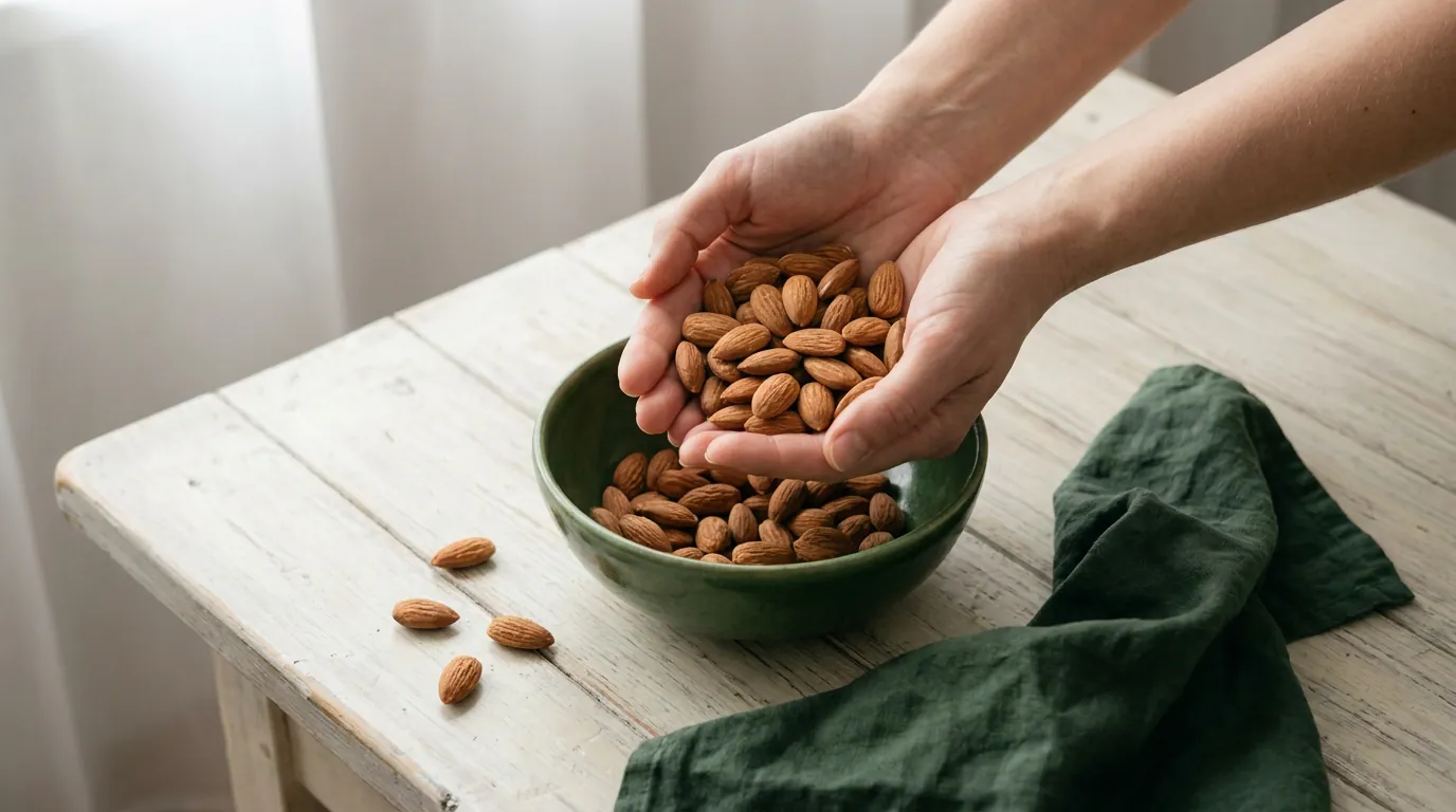 A cupped handful of almonds above a bowl