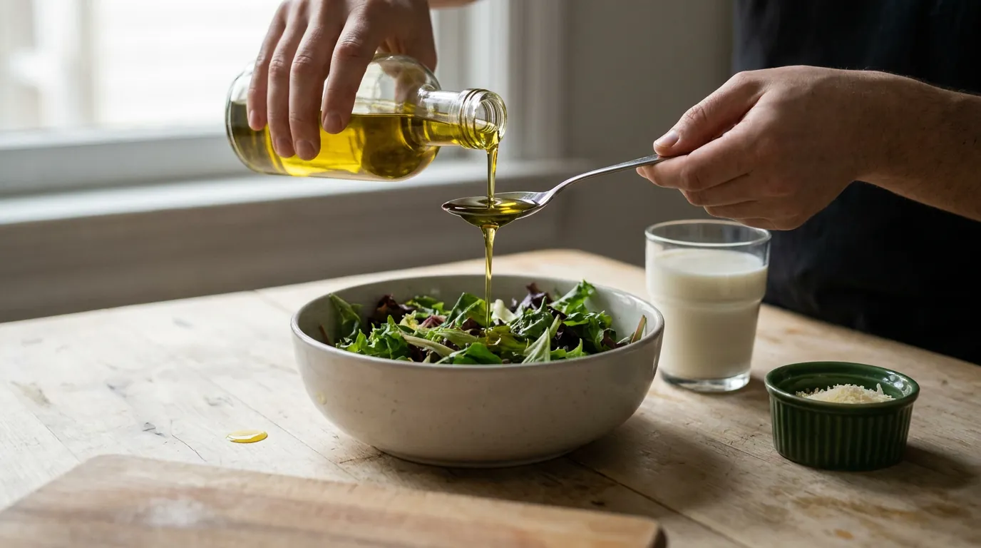 Olive oil poured into a spoon over a bowl of salad