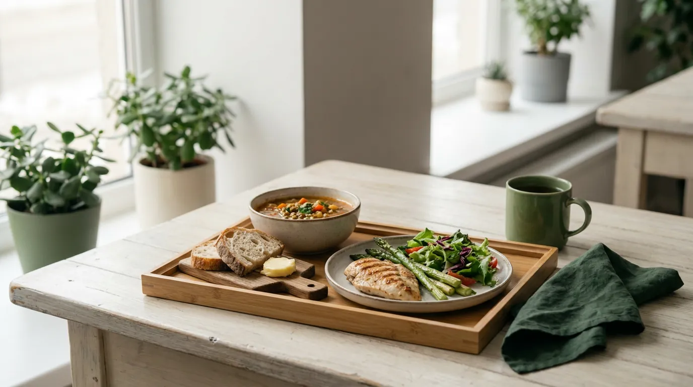 A business lunch tray with soup, a main dish and bread on a light café table