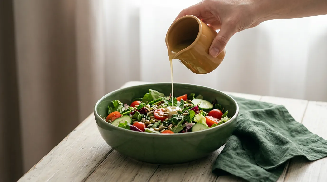 A hand pouring dressing from a small jug over a salad in a green ceramic bowl