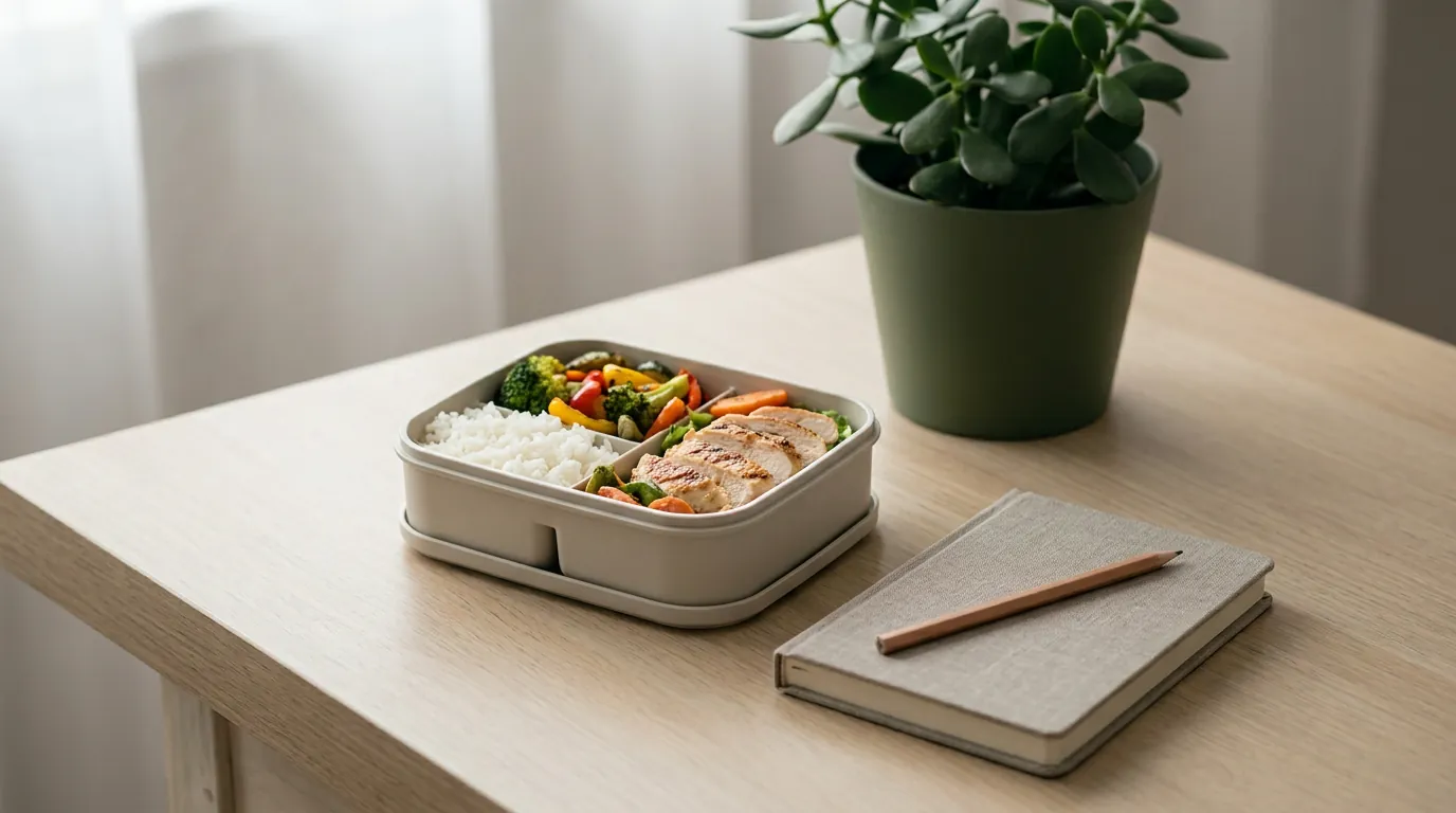 A lunch box and a small notebook on an office desk