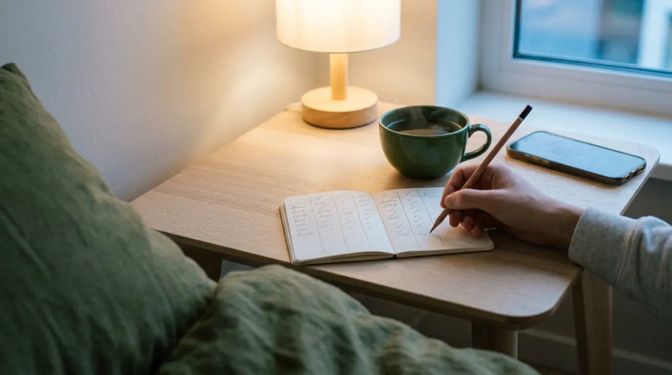 Writing in a notebook by lamplight in the evening