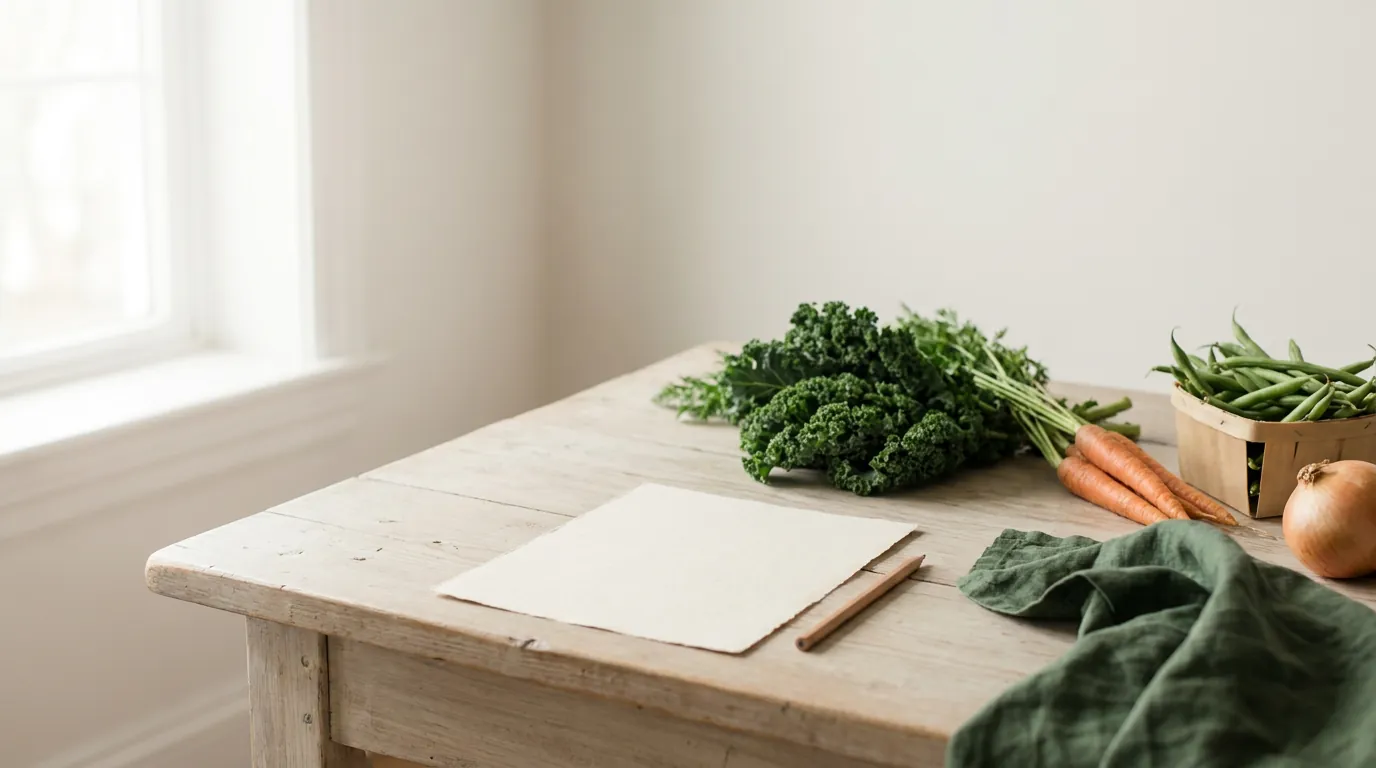 A paper shopping list, a pencil and a few fresh vegetables on a light table
