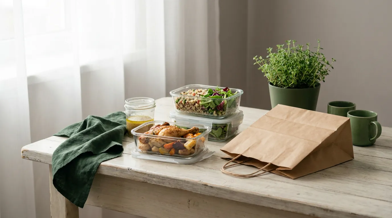 A home-cooked lunch in glass containers next to a folded paper delivery bag